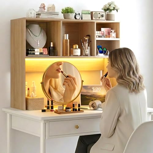DreamDashio Desktop Bookshelf Organizer with Outlet & RGB Light, 2-Tier Multipurpose Wood Desk Hutch for Gaming, Home Office, Dorm, Oak White