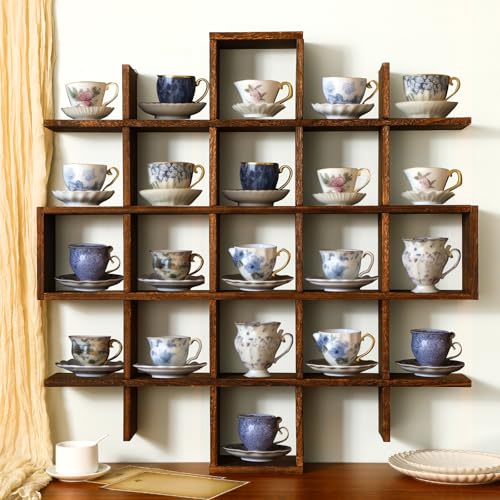 Suzile Oversize Tea Cups and Saucers Shelf Rustic Wooden Coffee Display Shelves Wooden Floating Curio Shelf Mounted Tea and Saucer Rack Holder for Kitchen Station Bar Accessories(Brown) - color: Brown