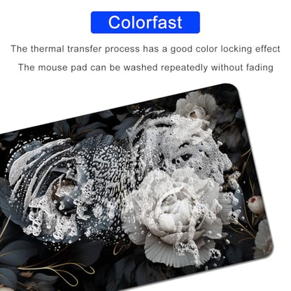 Black and White Mouse Pad,Floral Mouse Pad Desk Mat,Large Mousepad Aesthetic Mouse Pads Desk pad - Non-Slip Stitched Edges & Rubber Base for Office, Gaming Room, Computer, Laptop - color: black and white&floral