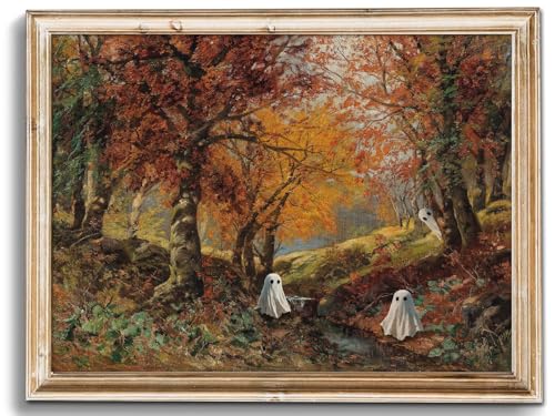 uniro Cute Ghost Decor Halloween Wall Art Prints, Vintage Ghost Family in Dark Forest Pictures for Halloween Wall Decor, Spooky Fall Landscape Canvas Oil Painting, Farmhouse Gothic Home Decor Autumn Aesthetic Posters for Bedeoom, Gallery, Living Room, Bat