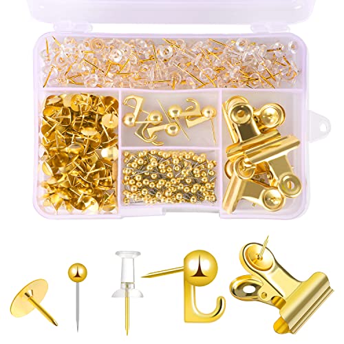 310 Pcs Gold Push Pins Set Thumb Tacks Decorative Push Pins for Cork Board with Push Pin Hook Pushpin Clip 5 Style Office Accessories for Cork Board Map Office (Gold) - color: Gold