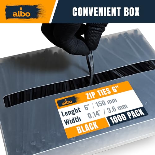 ALBO Zip Ties Black 6 Inch 1000 Pack 40 lb, Long Plastic Cable Ties Thick 0.14 Inch Tie Wraps Heavy Duty UV Resistant Nylon Wire Ties for Indoor and Outdoor - size: 6" Black 1000 Pack 40lb