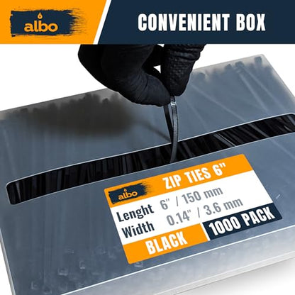 ALBO Zip Ties Black 6 Inch 1000 Pack 40 lb, Long Plastic Cable Ties Thick 0.14 Inch Tie Wraps Heavy Duty UV Resistant Nylon Wire Ties for Indoor and Outdoor - size: 6" Black 1000 Pack 40lb