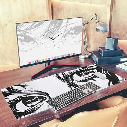XXL Anime Eyes Gaming Mouse Pad - Manga Girl Black & White Desk Mat for Keyboard and Mouse - Non-Slip, Water-Resistant, Stitched Edges - 35.4x15.7 in (XX-Large) - color: Anime, size: 35.4L x 15.7W inches