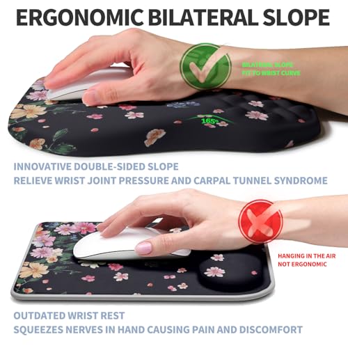 Ergonomic Raised Mouse Pad Wrist Support with Bilateral Slope Memory Foam Mousepad for Wrist Rest and Carpal Tunnel Pain Relief 11.8x7.9〃Flowers Bloom and Fade - color: Flowers Bloom and Fade