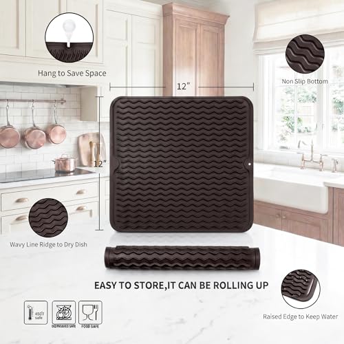 MicoYang Silicone Dish Drying Mat for Multiple Usage,Easy clean,Eco-friendly,Heat-resistant Silicone Mat for Kitchen Counter or Sink,Refrigerator or Drawer liner Coffee M 12 inches x 12 inches - color: Coffee, size: 12"L x 12"W