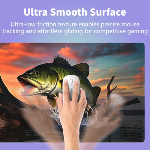 Large Gaming Mouse Pad (31.5" x 15.8") - Large Mouth Bass Fish Fishing Lake Scene At Sunset, Extra XXL Extended Office Accessories, Premium Stitched Anti-Slip Desk Mat - color: Fishing Lake