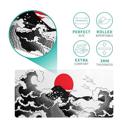 Japanese Red and Black Wave Gaming Mouse Pad Extended Large Mouse Mat Desk Pad Sea Texture Non-Slip Rubber Base Wave Mousepad Stitched Edges Keyboard Desk Pad for Office Home Game 27.6x11.8 Inch - color: Japanese Red and Black Wave