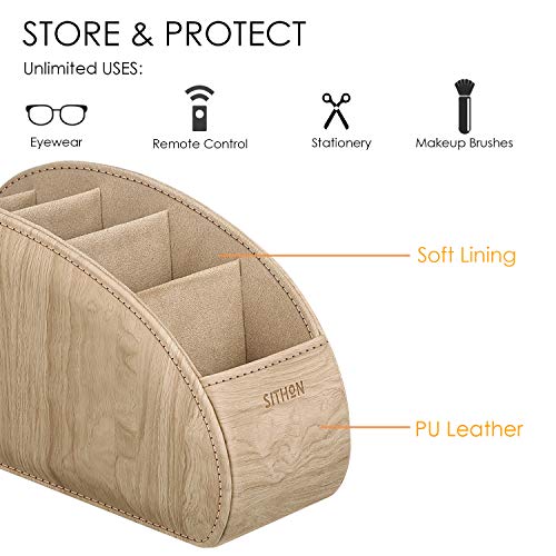 SITHON Remote Control Holder with 5 Compartments - PU Leather Remote Caddy Desktop Organizer Store TV, DVD, Blu-Ray, Media Player, Heater Controllers, Woodgrain Khaki - color: Woodgrain Khaki, size: Small