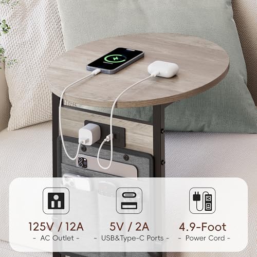 Vagusicc C Shaped End Table with Charging Station, 32" Tall Side Table for Couch and Recliner, Adjustable Height Small Couch Side Table Slide Under Sofa TV Tray Table for Living Room, Bedroom, Greige - color: Greige, style: Charging Station