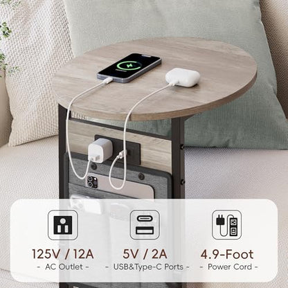 Vagusicc C Shaped End Table with Charging Station, 32" Tall Side Table for Couch and Recliner, Adjustable Height Small Couch Side Table Slide Under Sofa TV Tray Table for Living Room, Bedroom, Greige - color: Greige, style: Charging Station