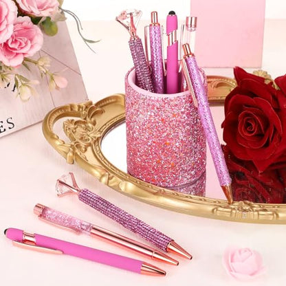 Sabary 8 Pcs Shiny Pink Pens with Pen Holder for Desk Glitter Crystal Diamond Cute Ballpoint Fancy Pencil Holder Bling Desk Organizer for Women Girls School Office Supplies Wedding Graduation Gifts - color: Shiny Pink