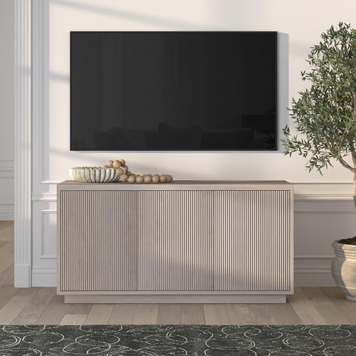 Henn&Hart Fluted TV Stand for TVs up to 55" with 3 Swing Out Ribbed Doors and Adjustable Shelves for Living Room, Family Room, or Office, Beech White - color: Beech White, size: 48" TV Stand