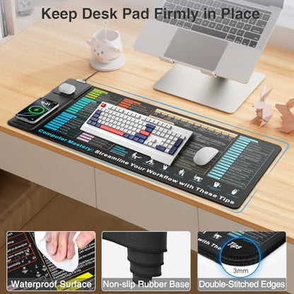 Wireless Charging Mouse Pad with Foldable Phone Holder, 31.5"x15.8" XXL Excel Cheat Sheet Desk Mat for Laptop/Keyboard, Waterproof Ultra-Smooth Surface, Non-Slip Base - color: Black-31.5"x15.8"-Excel Shortcuts-Phone Holder