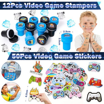 124Pcs Video Game Party Favors for Kids Gamer Birthday Supplies - Controller Straw Paper Bag Stamp Bracelet Glow Sticker Keychain Gaming Sticker, Boy Game On Pinata Filler Goodie Stuffer Decor
