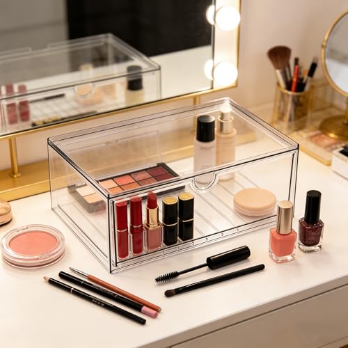 Prsildan Acrylic Makeup Organizer Stackable Clear Storage Drawers for Baby Bottles Desk Organizers for Countertop Vanity Nursery Adjustable Modular System for Cosmetics Jewelry - style: Style1-1 Drawer