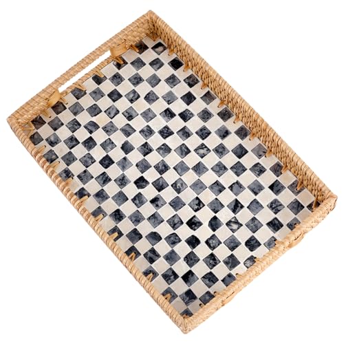 Rectangle Rattan Tray with Mother of Pearl Inlay, Rattan Serving Tray with Handle for Coffee, Bread, Fruits, Snacks, Decorative Wicker Tray for Table Decor (Black Checkerboard, 13"×9") - color: Black Checkerboard
