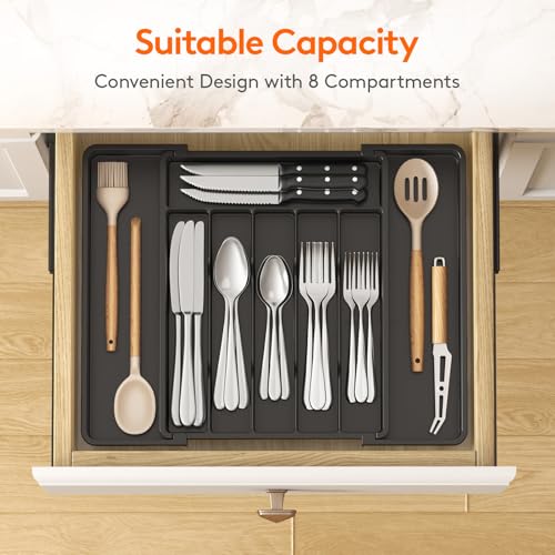 Lifewit Silverware Drawer Organizer, Expandable Utensil Tray for Kitchen, BPA Free Flatware and Cutlery Holder, Adjustable Plastic Storage for Spoons Forks Knives, 11-18 x 14", Black - color: Black, size: Large (11-18''W x 14''D)