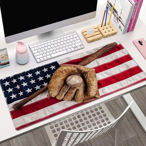 Old Baseball with USA American Flag Desk Pad Mouse Pad,Large Gaming Mouse Mat with Stitched Edges,Non-Slip Waterproof Rubber Base Mous Mat for Office Computer Keyboard Laptop Home(31.5X11.8 in) - color: Old Baseball With Usa American Flag