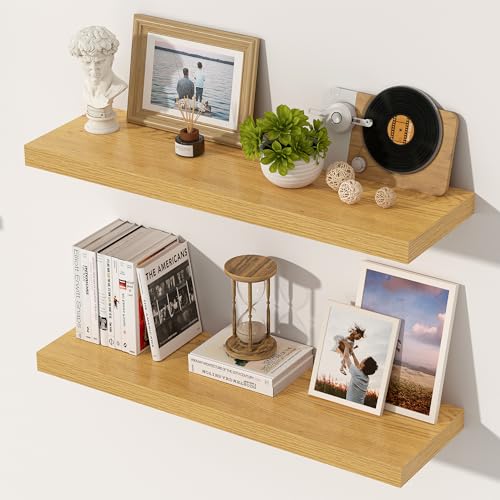 24 Inch Floating Shelves, 12 Inch Deep Floating Shelves for Wall, Extra Deeper & Thicker Wooden Wall Shelf with Invisible Brackets, Shelf for Bedroom Living Room Home Decor（Oak, Set of 2） - color: Oak, size: 24"W x 12"D x 2"H, Set of 2
