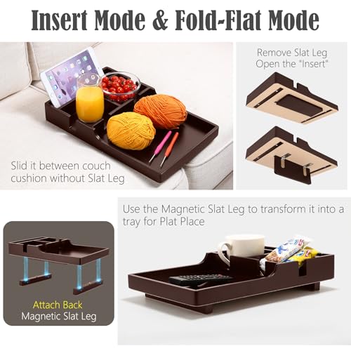 Nnewvante Couch Insert Tray, 2-in-1 Insert & Flat Sofa Organizer Bamboo with 4 Compartments,Fits Seat Gaps or Ottomans,for Snacks, Drinks, Remotes,15.35x9.84-inch,Brown - color: Brown