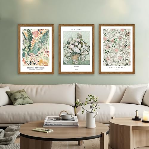 InspiredHues Matisse Van Gogh Morris Canvas Wall Art Set of 3, Sage Green Beige Neutral Flower Wall Decor, Vintage Botanical Art Prints for Living Room Bedroom Office Home Decoration 16x24 Wood Framed - color: Matisse, size: 24"L x 16"W