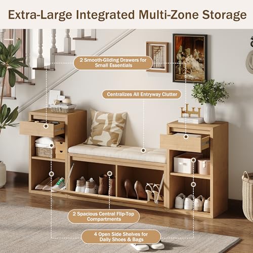 JIJIWANG 77.48" W Entryway Storage Bench with Cushion, 4-in-1 Hallway Bench with Drawers, Compartments and Open Shelves, Mudroom Bench for Shoes and Storage, Brown - color: Brown