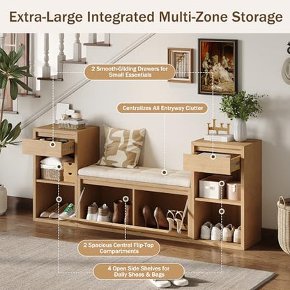 JIJIWANG 77.48" W Entryway Storage Bench with Cushion, 4-in-1 Hallway Bench with Drawers, Compartments and Open Shelves, Mudroom Bench for Shoes and Storage, Brown - color: Brown