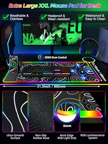 Mouse Pad with Foldable Phone Holder & Wireless Charger, XXL RGB Gaming Mousepad 31.5"x15.8" Large Desk Mat for Keyboard, 11 Colors 5 Modes - color: Topographic-Phone Holder-31.5"x15.8"