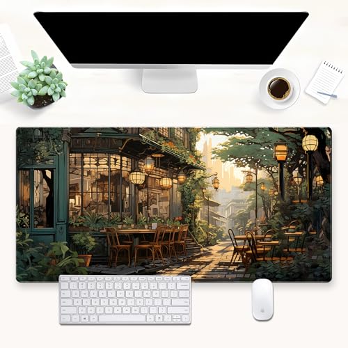 Extended Gaming Mouse Pad XL, Anime Street Desk Pad Mat 31.5x15.7, Non-Slip | Beautiful large desk pad with a cozy anime cafe street scene print. Ideal for healing visual desk setups. - color: Anime Street Scene