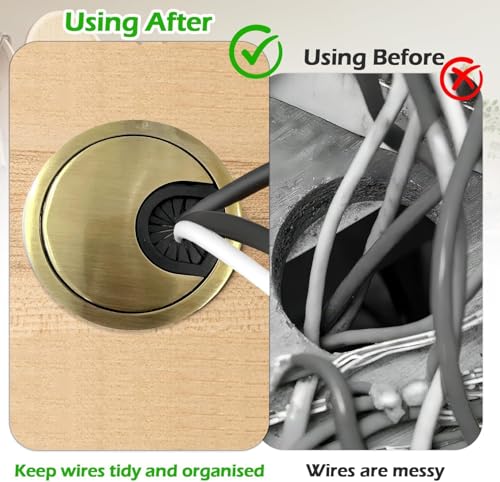2 Pack 60mm Desk Cable Grommet Cover, One-Piece Molded Construction Cable Heavy Duty Zinc Alloy Hole Organizer with Adjustable Center Cable Hole for Office Computer Desk Worktops (Gold)