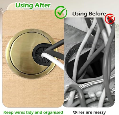 2 Pack 60mm Desk Cable Grommet Cover, One-Piece Molded Construction Cable Heavy Duty Zinc Alloy Hole Organizer with Adjustable Center Cable Hole for Office Computer Desk Worktops (Gold)