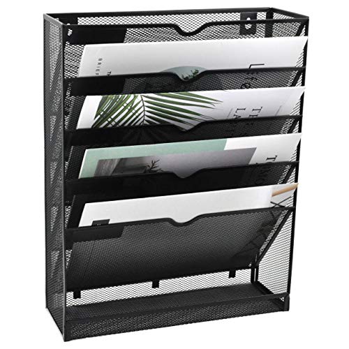 EASEPRES Desk File Organizer Mesh 6-Tier, Hanging Wall Mount Document Organization Stand, Desktop Vertical Mail Paper Folder Holder Rack with Bottom Tray for Office Home Cubicle, Sides Closed, Black - color: Black, size: 6 Tier Upgrade