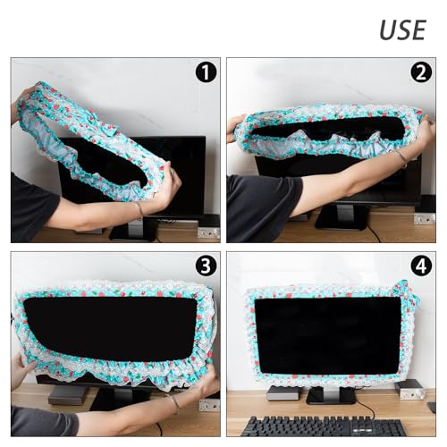 24-inch Cute Lace Fabric Monitor Cover with Elastic Pen Pocket & Bow-knot Design, Dust Protector for Computer/TV/LCD Screens - Blue - color: Blue & Cherry Strawberry