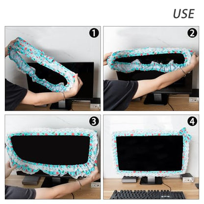 24-inch Cute Lace Fabric Monitor Cover with Elastic Pen Pocket & Bow-knot Design, Dust Protector for Computer/TV/LCD Screens - Blue - color: Blue & Cherry Strawberry