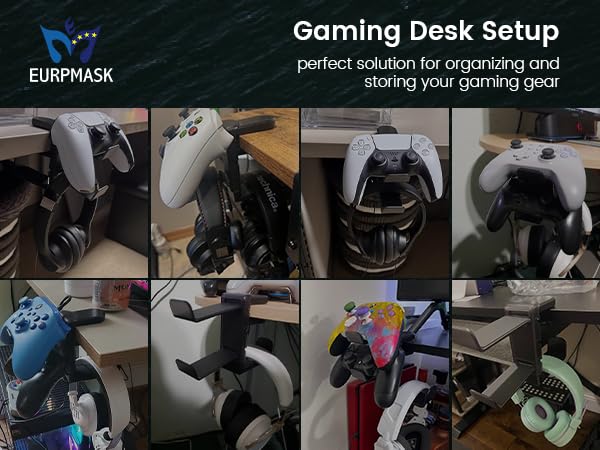 3in1 Rotating Headphone Holder - EURPMASK 3in1 PC Gaming Headset Holder w/Detachable Controller Holder, Adjustable Clamp-on Headset Stand,Headphone Hanger Hook Under Desk w/Cable Clip Organizer - color: Gaming Combo White