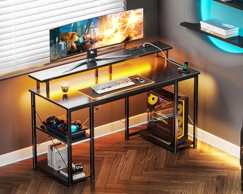 ODK 48 inch Computer Desk with Power Outlets & LED Lights, Gaming Desk with Monitor Stand & Storage Sheves, Home Office Desk, Carbon Fiber Black - color: Carbon Fiber Black, size: 48 inches
