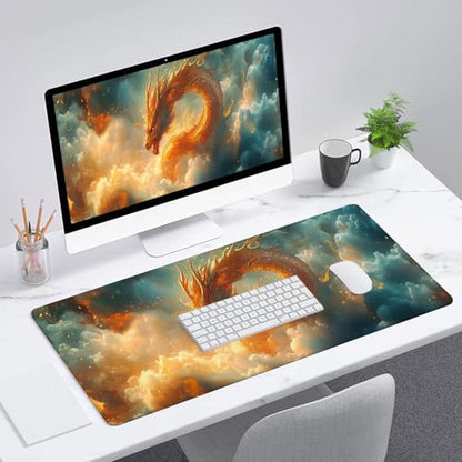 Fantasy Dragon Gaming Mouse Pad Desk Pad 31.5 x 11.8 Inch Flying Auspicious Clouds Flames Large Gaming Mouse Mat with Stitched Edges,Non-Slip Waterproof Rubber Base Mous Mat - color: Fantasy Dragon, size: 11.8W x 31.5L inches