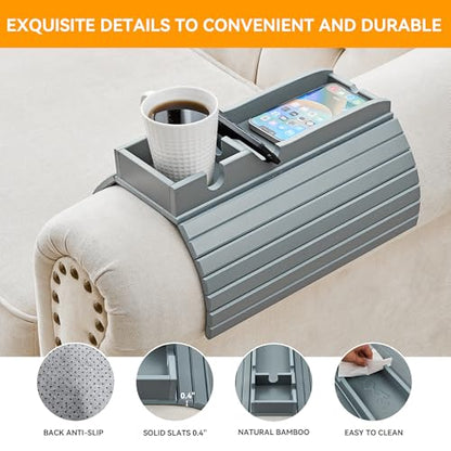 GEHE Bamboo Couch Cup Holder, Anti-Spill Sofa Arm Tray, Natural and Easy to Clean Couch Arm Cup Holder Armrest Tray Perfect for Cups, Beers, Snacks, Remote Control, Drinks - color: Light Blue