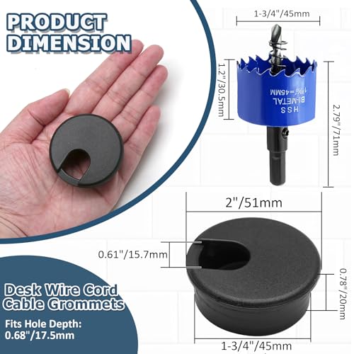 8pcs 1-3/4 Inch Desk Grommet with Drilling Hole Saw, Plastic Desk Hole Cover, Black Cable Hole Cover, Desk Hole Grommet for Wire Cord Organizing Office Computer Desk - color: Black, size: 1-3/4 Inch