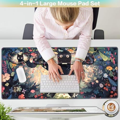 Mouse Pad Anime, Mouse Pad with Wrist Rest, 4-in-1 XXL Large Desk Mat Kawaii Mousepad with Gel Wrist Support Keyboard Wrists Rest Coaster, Ergonomic Gaming Cat Desk Pad, Funny Cute Office Accessories - color: Flowers&Cat