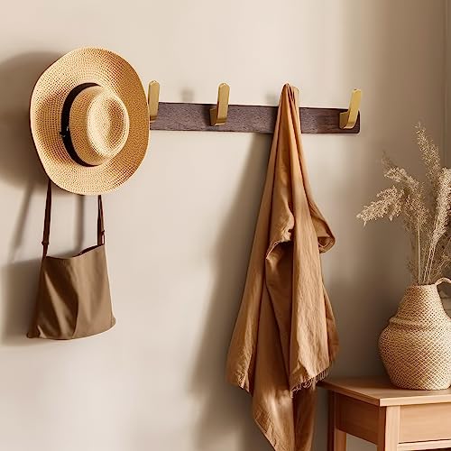 Wall Mounted Coat Rack, Entryway Hanging Coat Rack, Metal Wood Coat Rail with 5 Rustic Hooks Rail for Coat, Scarf, Bag, Towel, Key, Cap, Hat, Walnut Gold Matt - size: 5 Hooks - Curve Shape