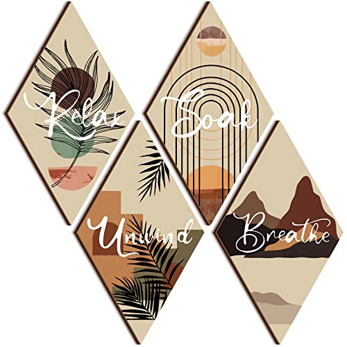 FairySandy 4 Pcs Boho Bathroom Wall Decor 11.8 x 6.69 Inch Bohemian Restroom Wall Art Bathroom Rustic Decoration Farmhouse Minimalist Relax Soak Unwind Breathe Sign for Bedroom Living Room(Boho) - style: Boho