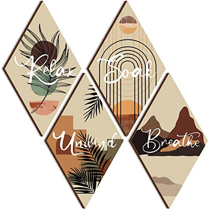 FairySandy 4 Pcs Boho Bathroom Wall Decor 11.8 x 6.69 Inch Bohemian Restroom Wall Art Bathroom Rustic Decoration Farmhouse Minimalist Relax Soak Unwind Breathe Sign for Bedroom Living Room(Boho) - style: Boho