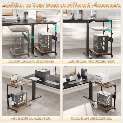 Besiost Computer Tower Stand with Power Strips, 4 Levels Manual Height Adjustable PC Tower Stand for Under Desk, Mobile Rolling CPU Holder, Computer Cart with Wheels, 24", Rustic Brown