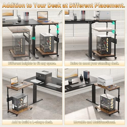 Besiost Computer Tower Stand with Power Strips, 4 Levels Manual Height Adjustable PC Tower Stand for Under Desk, Mobile Rolling CPU Holder, Computer Cart with Wheels, 24", Rustic Brown