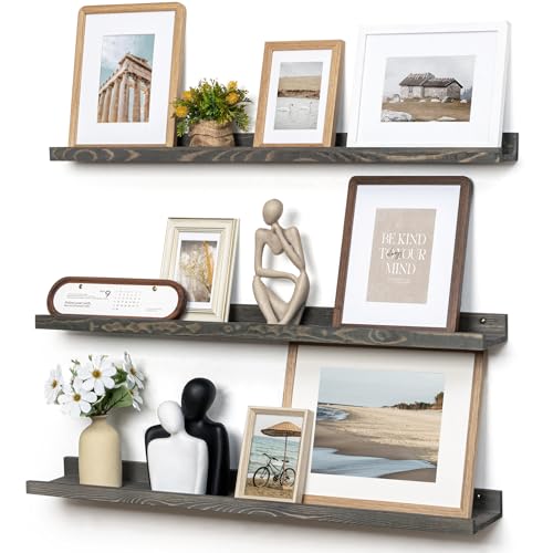FLYJOE Picture Ledge Wall Shelves - 36 Inch Width Set of 3, Solid Pine Wood Rustic Floating Ledge Shelves for Kids' Room, Bedroom, Kitchen, Bathroom, Living Room, Nursery Display Wall Decor, Grey - color: Grey, size: 36'', set of 3