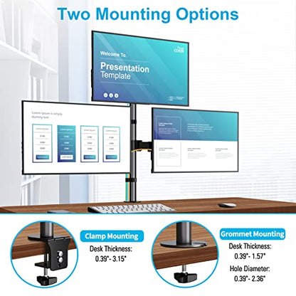 MOUNTUP Triple Monitor Stand, Height Adjustable Monitor Desk Mount Fit for 17 to 32 Inch Computer Screens, Stacked Monitors Arm for 3 Monitors, with C-Clamp and Grommet Base, up to 17.6lbs per Arm - size: Triple
