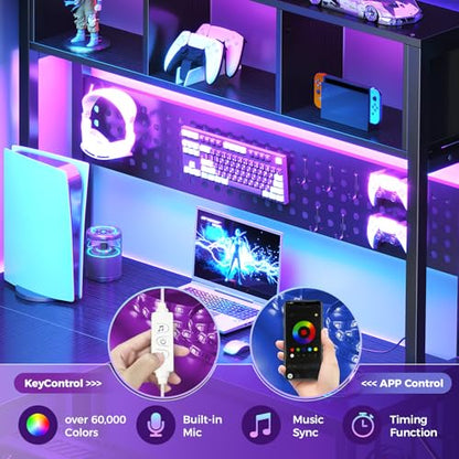 Small Black L Shaped Gaming Desk with Hutch , 47 Inch Corner Gaming Desk with Storage Shelves for Bedroom Small Space, Reversible L-Shaped Computer PC Desks with Pegboard LED Light for Kids Boys Girls