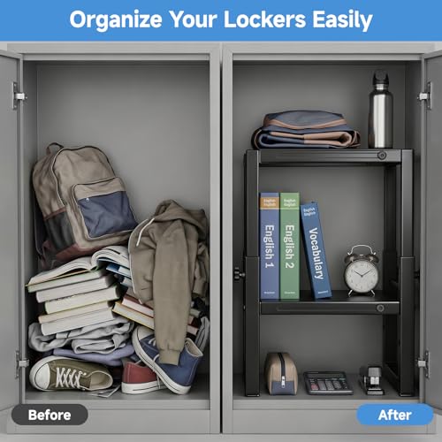 Locker Organizer Shelf, Adjustable Width and Height, Stackable Metal Locker Shelf,Locker Organizer Shelves Ideal for School, Office,Gym Lockers